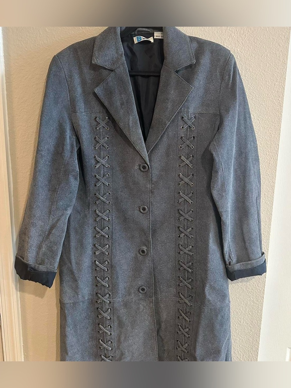 Vintage Y2K 90s B Lucid SZ L Blue Suede Trench Coat Lace up Detail Lined Fall